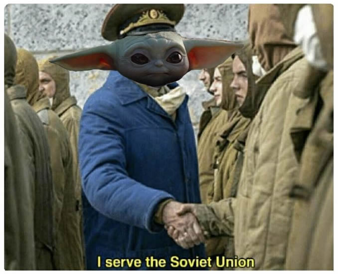 This meme features a still image from the 2019 film "The Rise of Skywalker" where a character is speaking to a group of people. The image is edited to show the character, a Stormtrooper, wearing a different uniform and holding a sign that says "I serve the Soviet Union". The image is captioned with the phrase "I serve the Soviet Union" in a style reminiscent of the iconic "I serve the Empire" line from the original Star Wars film.